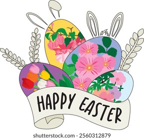 Happy Easter Four Floral Eggs Banner Vector