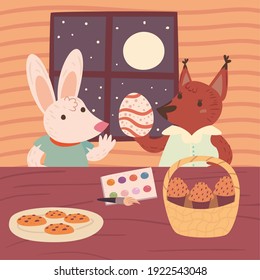 Fröhlicher Osterfuchs- und Kaninchenkartoon mit Ei- und Essdesign, Frühlingsdekoration Feiertage und Saisonthema Vektorgrafik