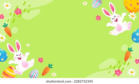 Happy Easter frame background Vector illustration. Cute bunny jumping with easter eggs on green background