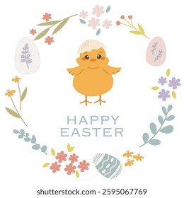 Happy Easter frame, border with copy space. Chick, eggs and flowers. Modern flat style design, pastel colors