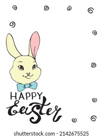 Happy Easter - frame, border with inscription and color drawing of face of cute rabbit in flat style. Vector template for greeting card, invitation, poster, sticker, holiday design
