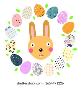 Happy easter frame. A border of Easter painted eggs and green leaves. Cute smiling easter bunny. Kawaii festive character, egg hunt symbol. Eggs with Scandinavian ornaments. Vector spring illustration