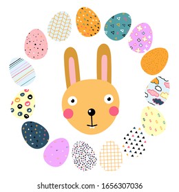 Happy easter frame. A border of Easter painted eggs. Cute smiling easter bunny. Kawaii festive character, egg hunt symbol. Eggs with Scandinavian ornaments. Vector fresh spring Easter illustration