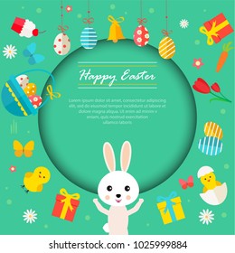 Happy Easter frame with bunny; chicken; eggs; gifts; copy space; vector illustration