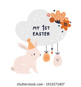 Happy Easter frame with bunny, flowers, eggs, cloud. Festive illustration for easter celebration party. My 1st Easter.  Ideal for kids room decoration, nursery clothing, prints, t-shirt design