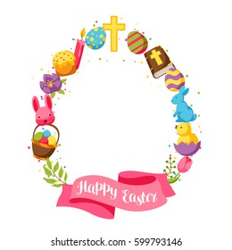 Happy Easter frame with decorative objects, eggs and bunnies.