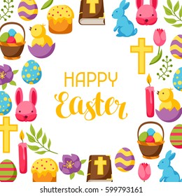Happy Easter frame with decorative objects, eggs and bunnies.
