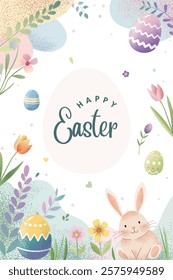 Happy Easter frame. Easter design with bunny in pastel colors and text. Poster, greeting card, banner. 