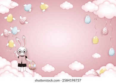 Happy Easter frame, dressed Bunny boy in glasses holds a basket of Easter eggs on pink background with winged easter eggs and clouds, free space in the middle of illustration