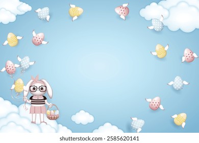 Happy Easter frame, dressed Bunny girl in glasses holds a basket of Easter eggs on blue background with winged easter eggs and clouds, free space in the middle of illustration