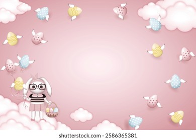 Happy Easter frame, dressed Bunny girl in glasses holds a basket of Easter eggs on pink background with winged easter eggs and clouds, free space in the middle of illustration