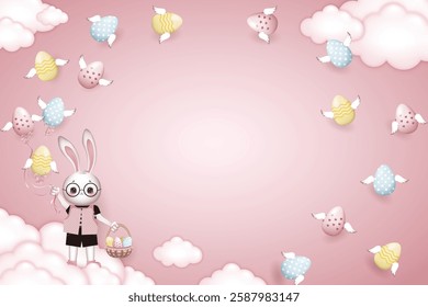 Happy Easter frame, dressed Bunny boy in glasses holds a basket of Easter eggs on pink background with winged easter eggs and clouds, free space in the middle of illustration