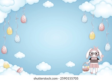 Happy Easter frame, dressed Bunny girl in glasses holds a basket of Easter eggs on blue background with clouds and easter eggs tied with a ribbon to the clouds, free space in the middle