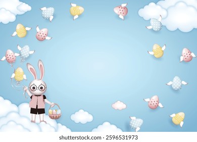 Happy Easter frame, dressed Bunny boy in glasses holds a basket of Easter eggs on blue background with winged easter eggs and clouds, free space in the middle of illustration