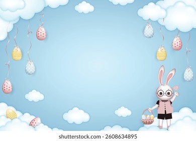 Happy Easter frame, dressed Bunny boy in glasses holds a basket of Easter eggs on blue background with clouds and easter eggs tied with a ribbon to the clouds, free space in the middle