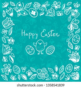 Happy Easter frame with eggs, flowers, cute chicken. Vector Easter design in blue colors for greeting cards, napkin, posters. Vector Illustration