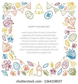 Happy Easter frame with eggs, flowers, bell, flags and place for your text.  Easter vector design for poster, cards and invitations