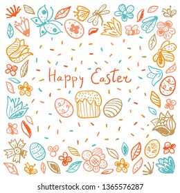 Happy Easter frame with eggs, flowers, insects, Easter cake. Vector Easter design in brown, red and blue colors for greeting cards, napkin, posters. Vector Illustration