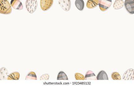 Happy Easter frame with eggs for web, discounts, offers, postcards. Spring holiday decorations. Vector flat illustration