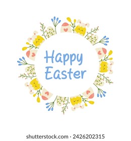 happy easter, frame with flowers and eggs on white background, copy space. Vector illustration for postcard design, banner, congratulations