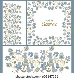 Happy Easter. Frame with flowers and paschals eggs. Floral ornament. Set of elements for design greeting, invitation card, background, poster, wallpaper.