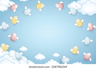 Happy Easter frame, flying Easter eggs with wings on a soft blue background with fluffy clouds, free space in the middle, vector eazy to edit illustration