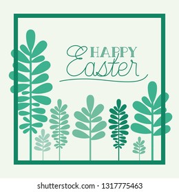 happy easter frame with handmade font and leafs