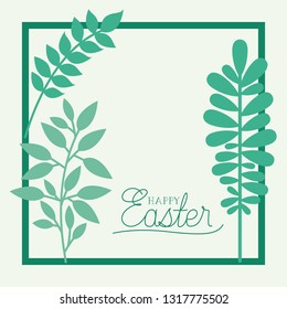 happy easter frame with handmade font and leafs