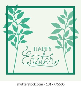 happy easter frame with handmade font and leafs