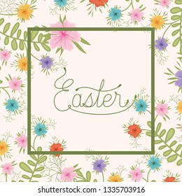 happy easter frame with handmade font and flowers