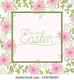 happy easter frame with handmade font and flowers