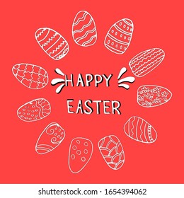 
Happy easter frame outline round of eggs On a red background Doodle Holiday design elements for greeting cards, banners, posters, invitations, postcards.