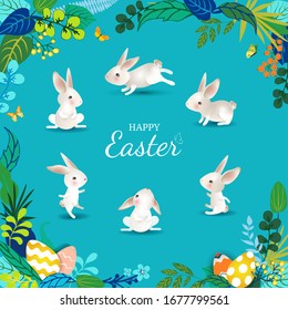 Happy Easter frame with rabbits, eggs, leaves, flowers, butterflies. Set of cute white hares in different poses on blue background. For cards, banners, invitation, children. Vector illustration.