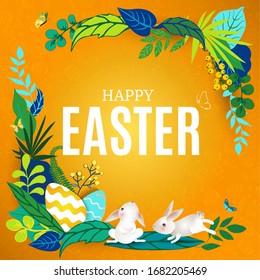 Happy Easter frame with rabbits, eggs, leaves, flowers, butterflies. Cute easter card with white hares on bright orange background. For banners, invitation, design elements. Vector illustration.