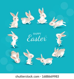 Happy Easter frame with rabbits. Set of 10 cute white hares in different poses on blue background. For greeting cards, festive banners, invitation, characters for children. Vector illustration.