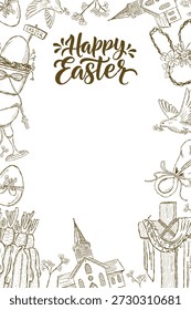 Marco de Pascua feliz con símbolos religiosos y decoraciones de primavera