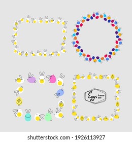 Happy Easter frame set with eggs or rabbits. Cute bunny vector illustration. EPS 10