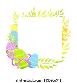 Happy Easter frame template with eggs and flowers.