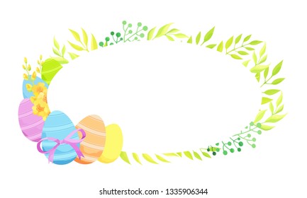 Happy Easter frame template with eggs and flowers.