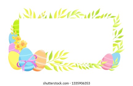 Happy Easter frame template with eggs and flowers.