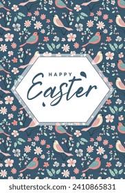 Happy Easter frame. Trendy Easter design with bunny in pastel colors and text. Poster, greeting card, banner. 