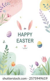 Happy Easter frame. Trendy Easter design with bunny ears in pastel colors and text. Poster, greeting card, banner. 