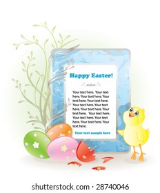 Happy easter. Frame for your text decorated with grunge, footprints, eggs and chicken.