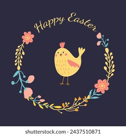 Happy Easter. Frames for Easter holidays. Wreath with bird and flowers