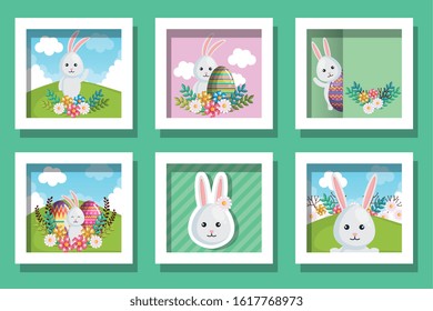 Happy easter frames set design, Spring decoration holiday greeting ornament celebration festive season tradition and festival theme Vector illustration