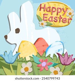 Happy Easter, free hand draw with texture. Vector isolated graphics. Original cut out style. Pepper like. 