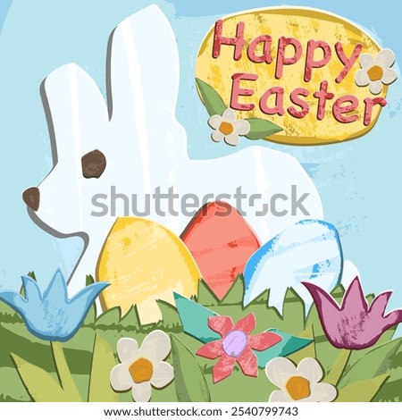 Happy Easter, free hand draw with texture. Vector isolated graphics. Original cut out style. Pepper like. 