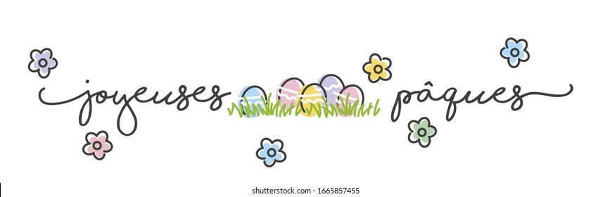 Happy Easter French language handwritten typography lettering text line design colorful eggs grass white greeting card