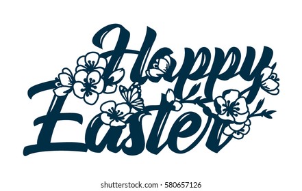 Happy Easter Fretwork Sign with branch of blossom cherry. Laser cutting template for decorations, cards, interior decorative elements. Cutout paper card.