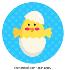 Happy Easter friendly character, easter chicken hatched from painted egg shell vector color illustration